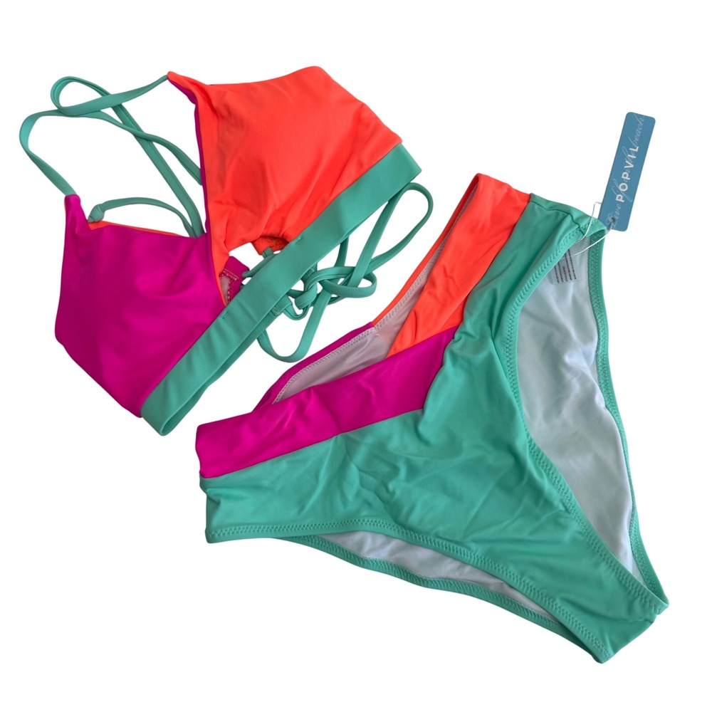 Popvil Bikini Set Small Pink Orange Mint Colorblock High‎ Waisted Lace Up New